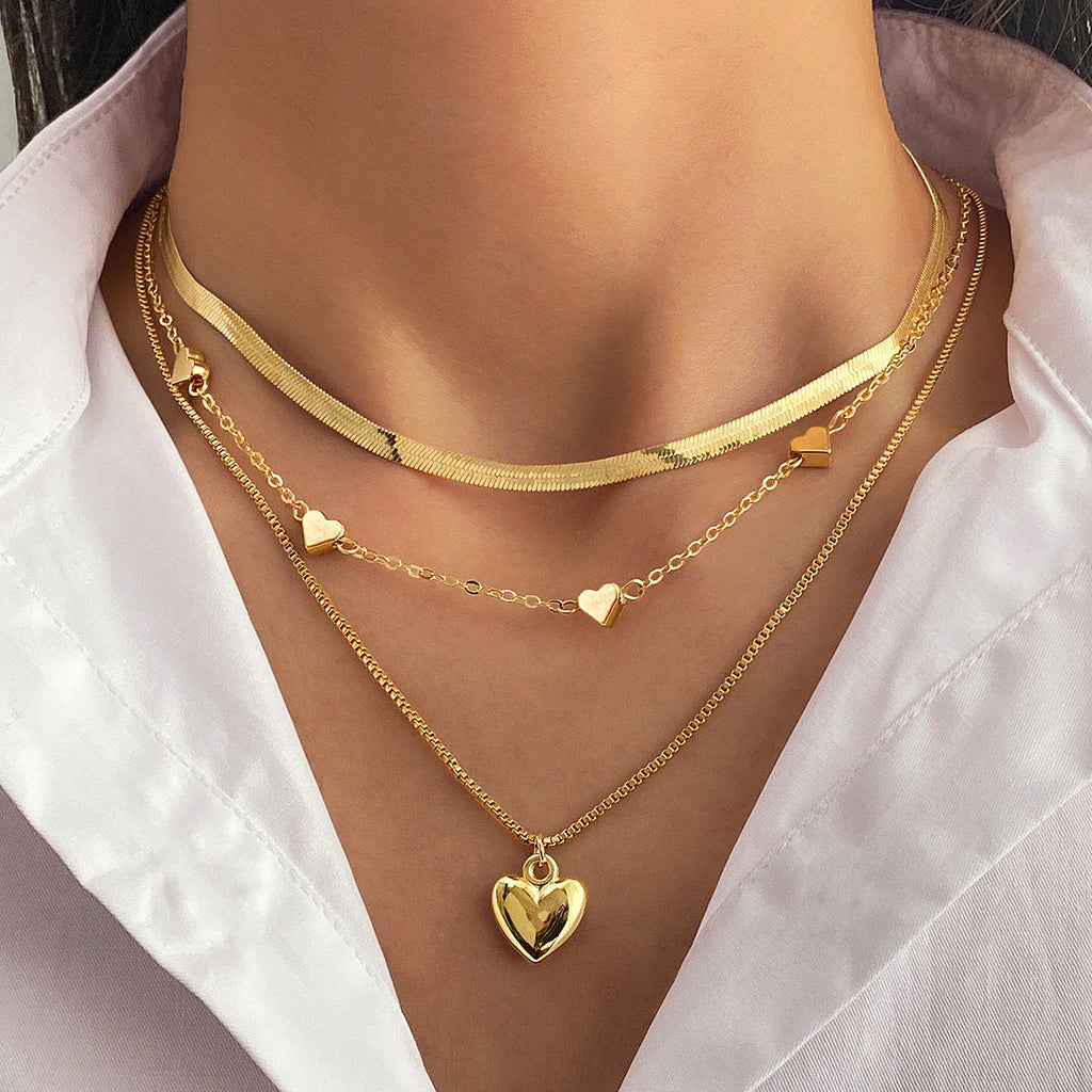Retro Geometric Heart-Shaped Fashionable Metal Multi-Layer Necklace For Women