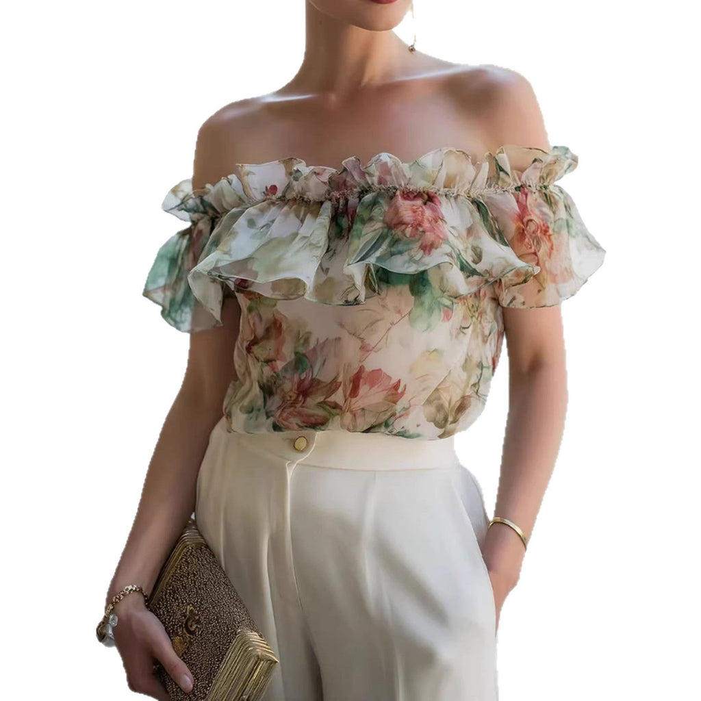Women's Chiffon Printed Off-Shoulder Ruffle-Trim Top