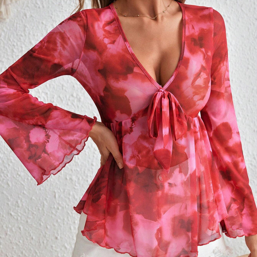 V Neck Mesh Tie Dye Resort Style Womens Top