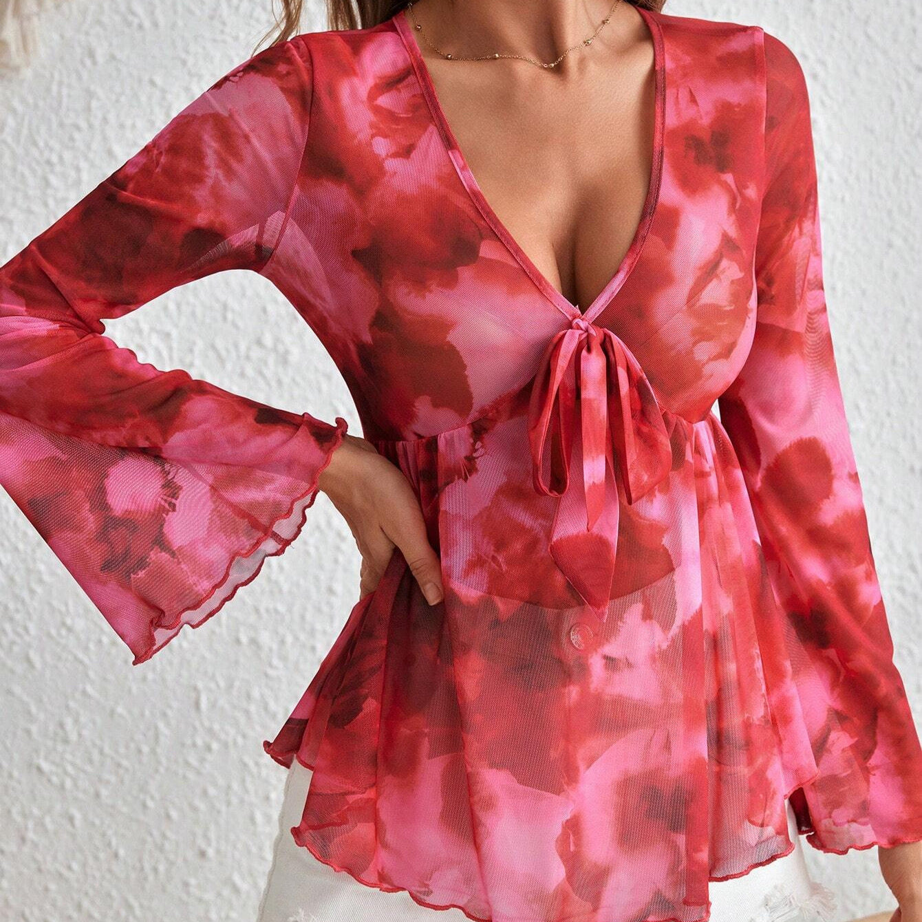 V Neck Mesh Tie Dye Resort Style Womens Top