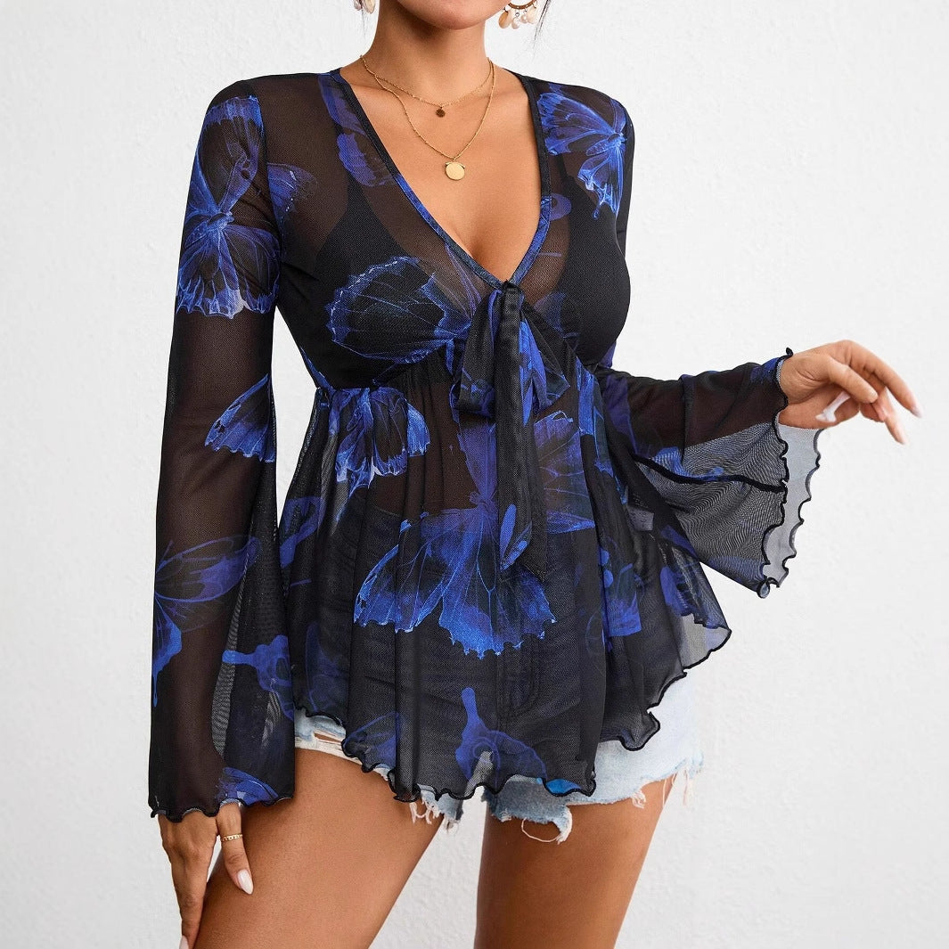 V Neck Mesh Tie Dye Resort Style Womens Top