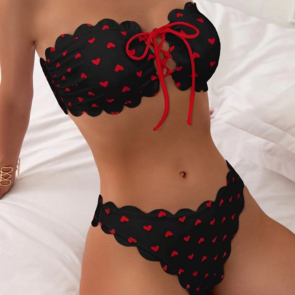 Printed Tube-top Bikini With Tie-up Drawstring