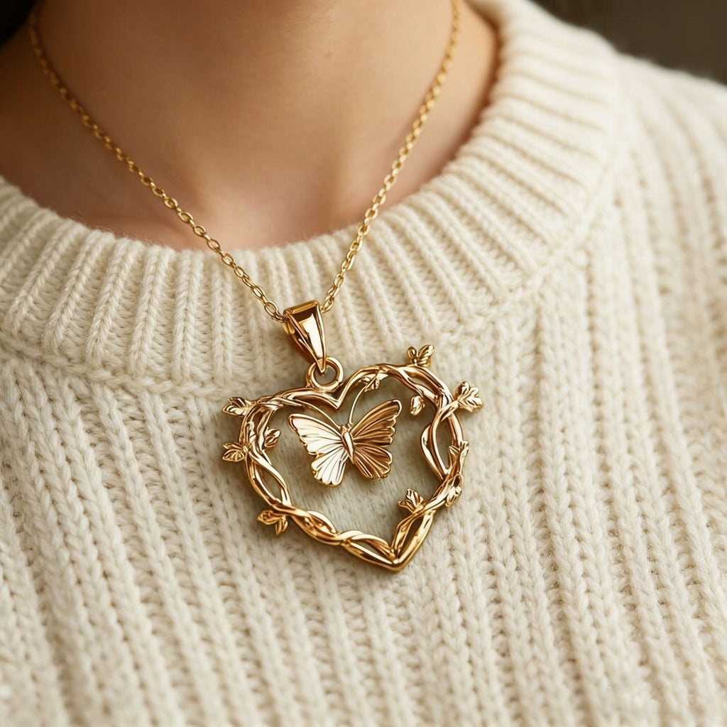 Forest Style Heart Shaped Butterfly Vine Necklace
