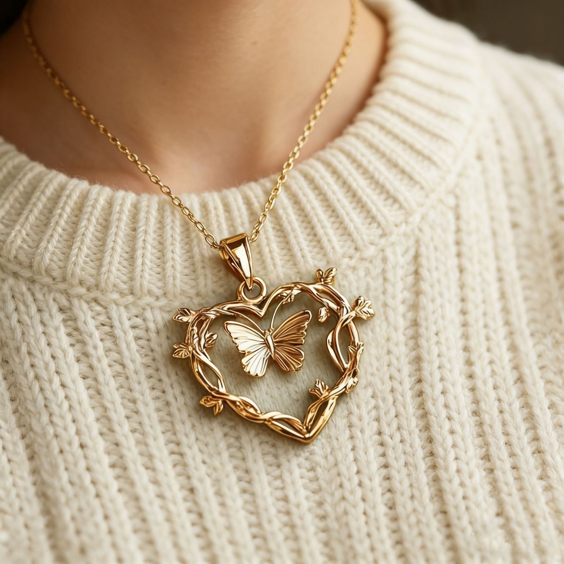 Forest Style Heart Shaped Butterfly Vine Necklace