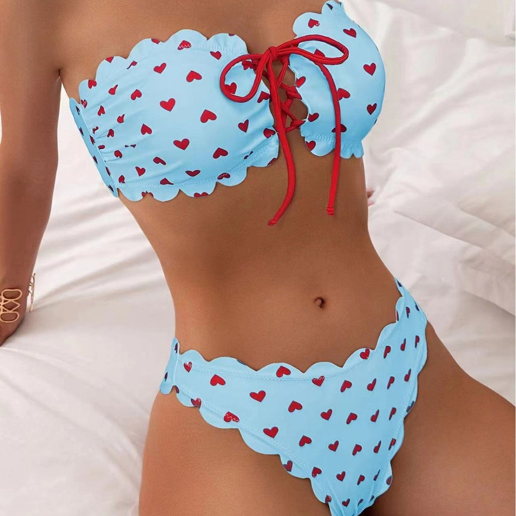 Printed Tube-top Bikini With Tie-up Drawstring