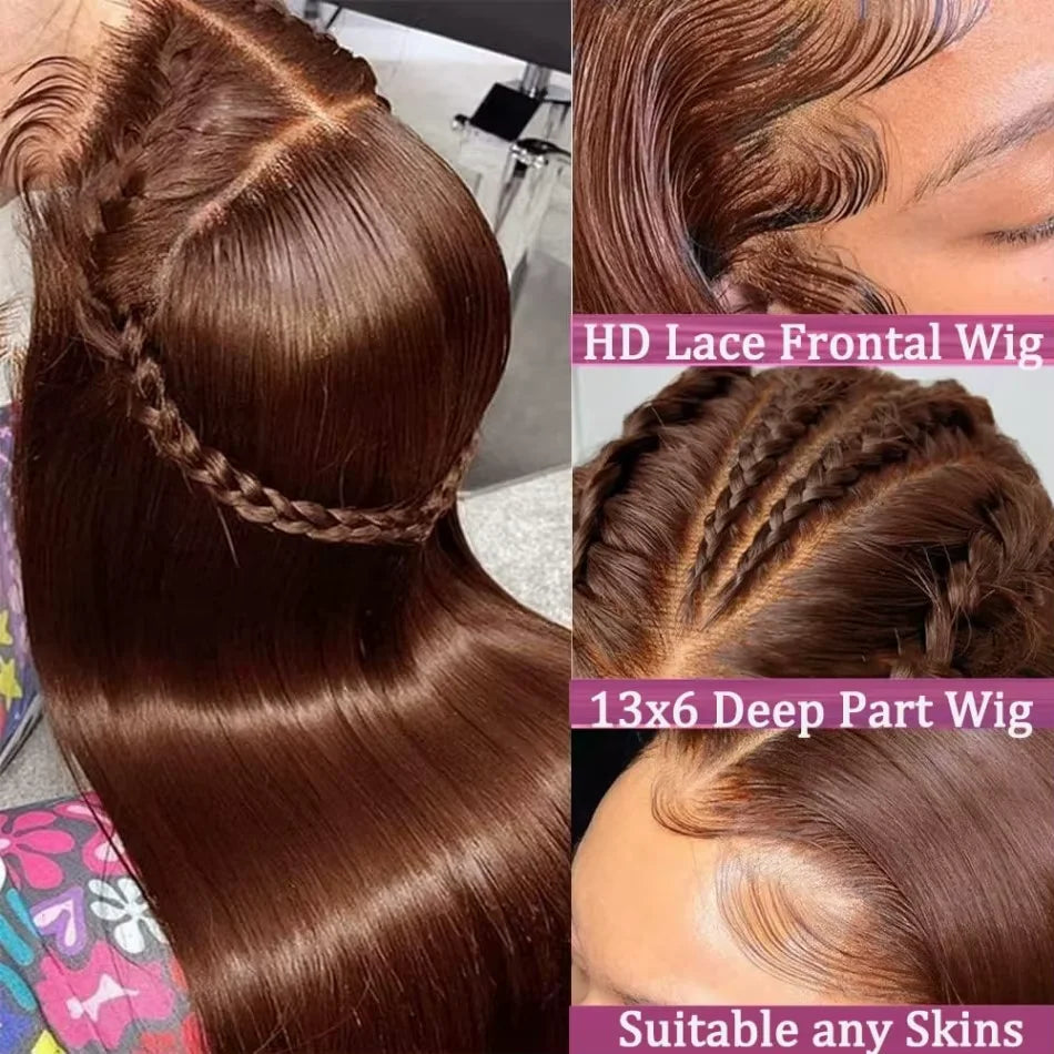 250% Density #4 Dark Brown 13x6 HD Lace Front Bone Straight Human Hair Wigs Chocolate Brown Straight Lace Frontal Wigs For Women