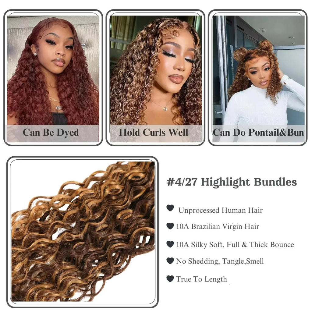 Honey Blonde Highlight Deep Wave Bundles 22 Inch P4/27 Ombre Single Bundles Wet and Wavy Bundle Human Hair Highlight Brown Color
