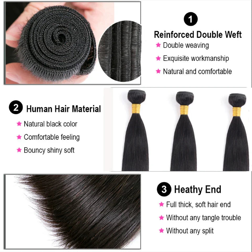 Bone Straight Human Hair Bundles With Closure 6x6/5x5 HD Transparent 100% Raw Virgin Human Hair Weave Extension 2X6 Lace Closure