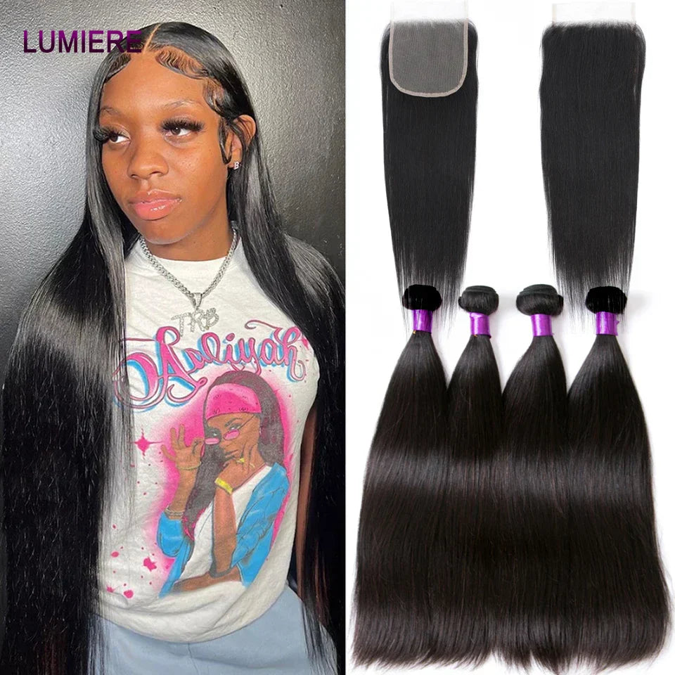 Bone Straight Human Hair Bundles With Closure 6x6/5x5 HD Transparent 100% Raw Virgin Human Hair Weave Extension 2X6 Lace Closure