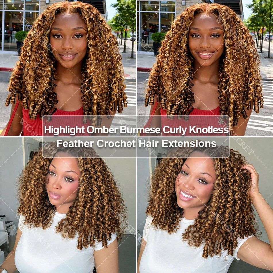 Honey Blonde Highlight Burmese Curly Crochet Human Hair For Braids Pre-Separated Knotless Ombre Miracle Knots Feather Human Hair
