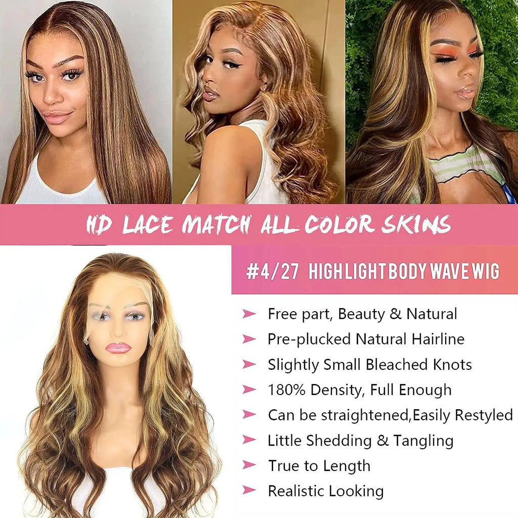 250 Density P4/27 Honey Blonde Highlight Wig 30 Inch 13x4 13X6 HD Body Wave Lace Front Human Hair HD Pre Plucked with Baby Hair