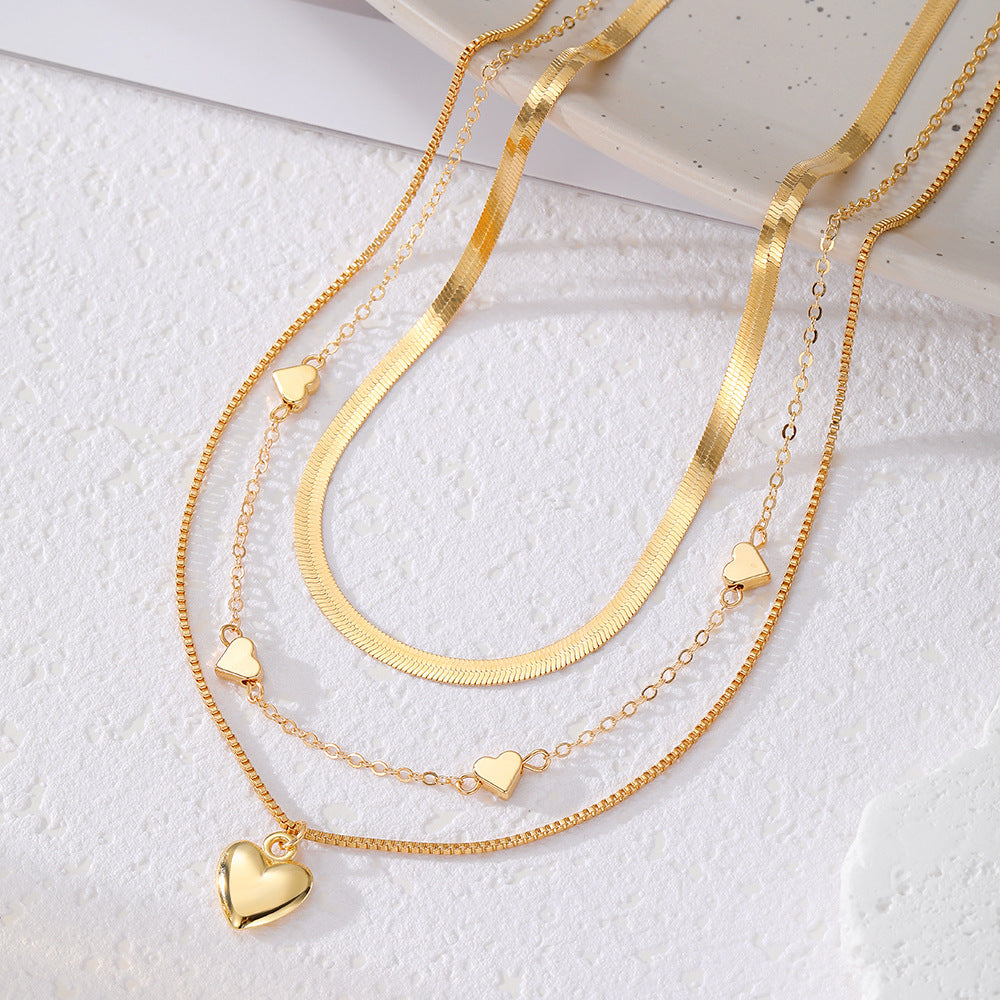 Retro Geometric Heart-Shaped Fashionable Metal Multi-Layer Necklace For Women