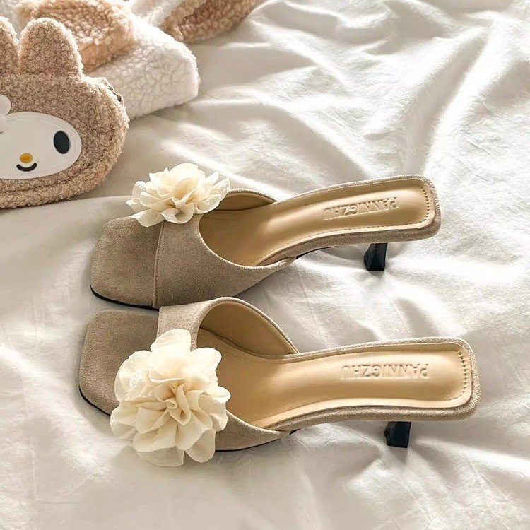 Vintage Floral One-Strap Sandal Slippers For Women, New 2026 Summer Style, French Square Toe, Fashionable Elegant Versatile High Heel Slides