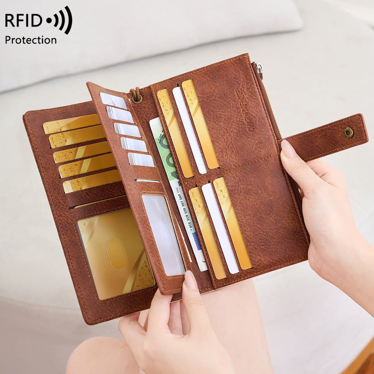 Anti-magnetic Womens Multi-Card Trifold Long Fashion Wallet
